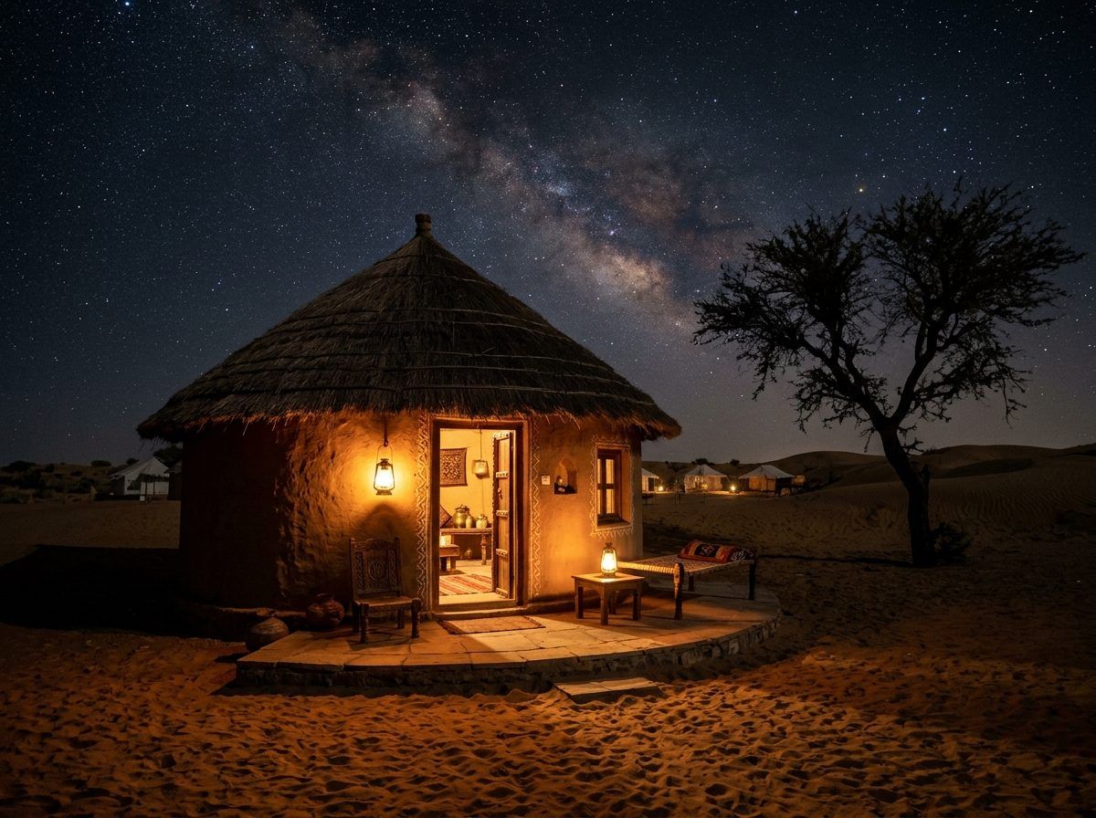 Traditional Rajasthani thatched Dhani Cottage with lantern glow